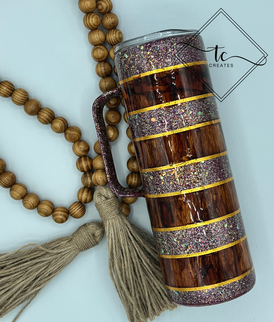 RTS 20 oz Woodgrain Glitter Skinny Straight with Handle Tumbler